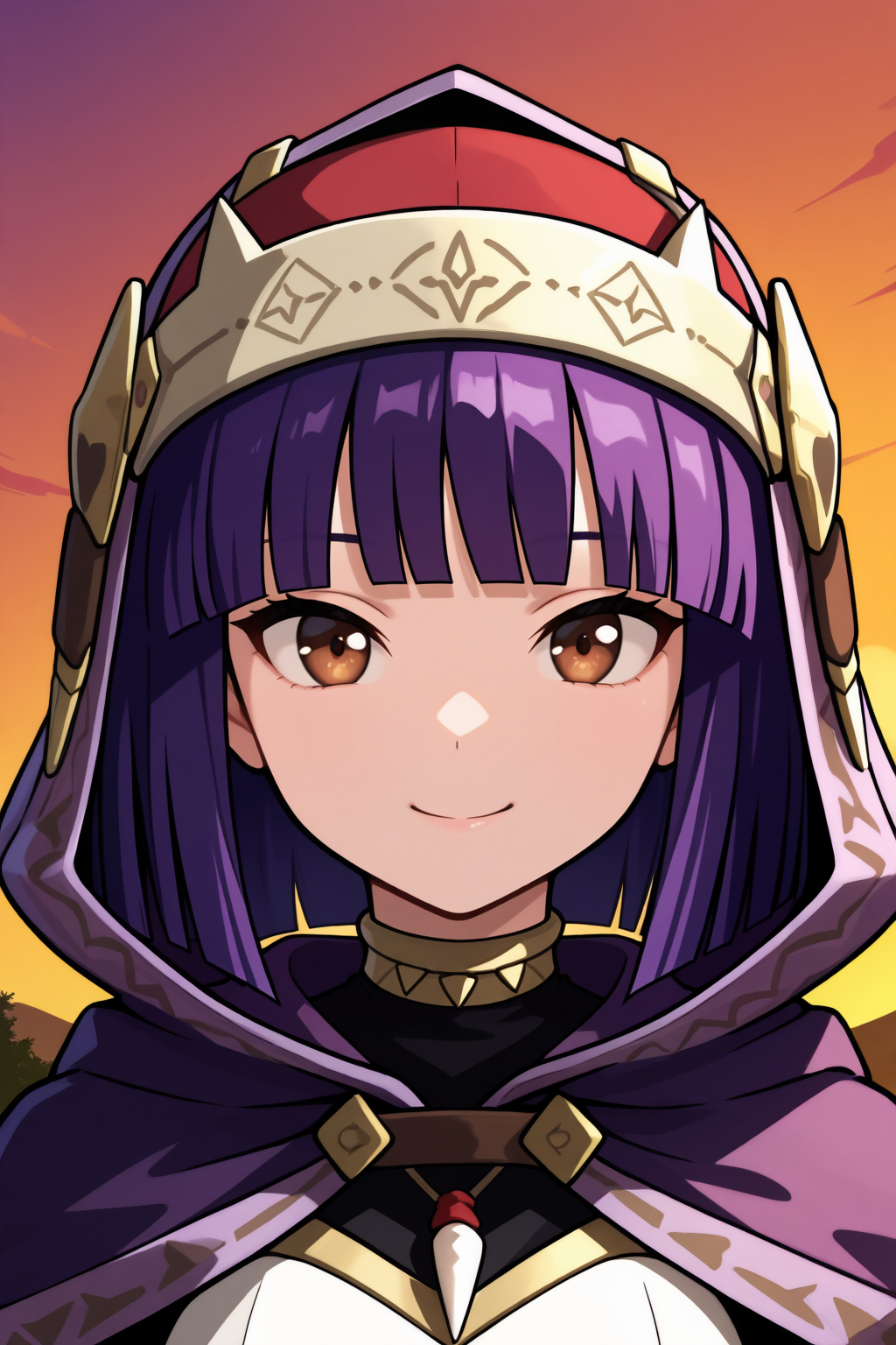 47680-4221371823-_lora_BeatrixIL_0.75_ , bdef, 1girl, purple hair, short hair, blunt bangs, blunt ends, brown eyes, hood, hood up, hooded cloak,.png